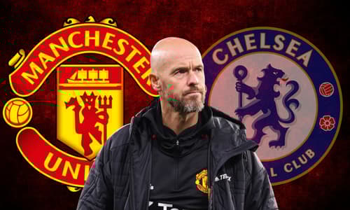 Erik ten Hag with the Manchester United and Chelsea badges, set against an abstract red and black background