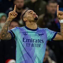 Gabriel Jesus celebrates scoring his first Premier League goal of the season for Arsenal against Crystal Palace