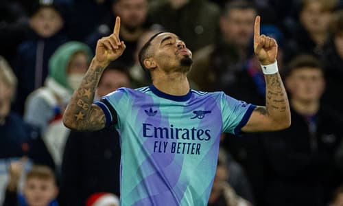 Gabriel Jesus celebrates scoring his first Premier League goal of the season for Arsenal against Crystal Palace