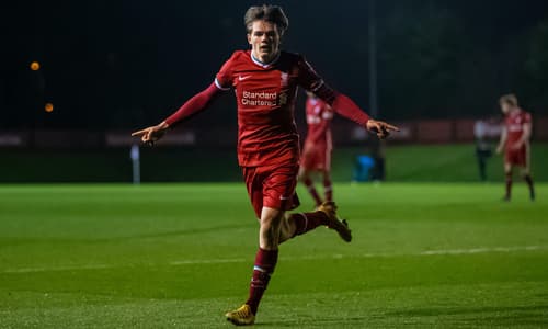 Ethan Ennis celebrates scoring for Liverpool Under 18's in the FA Youth Cup against Sutton United Under 18's at Kirkby Academy