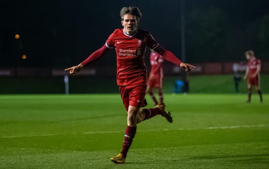 Ethan Ennis celebrates scoring for Liverpool Under 18's in the FA Youth Cup against Sutton United Under 18's at Kirkby Academy