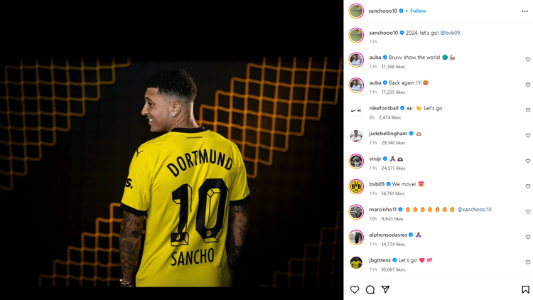 Stars react on Jadon Sancho's Instagram