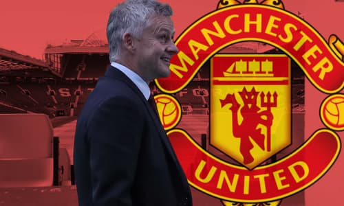 Ole Gunnar Solskjaer and the Manchester United badge, set against a panorama of Old Trafford in red