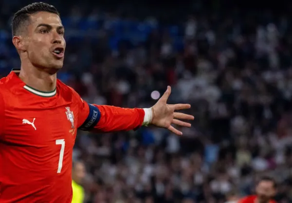 Cristiano Ronaldo celebrates scoring for Portugal against Germany in the 2025 Nations League finals