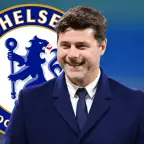 Smiling Mauricio Pochettino in front of Chelsea badge