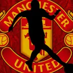 The Manchester United badge and a silhouette of Geyse on a red abstract background
