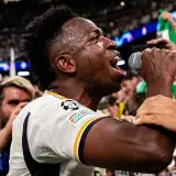 Vinicius Junior celebrates after Real Madrid beat Bayern Munich to reach the 2023/24 Champions League final