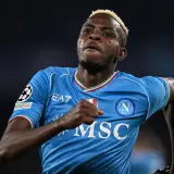 Victor Osimhen celebrates scoring for Napoli against Barcelona in the Champions League