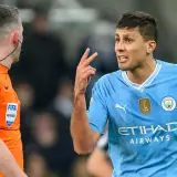 Rodri argues with a referee during Manchester City v Newcastle in the Premier League, 2023/24