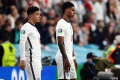 Jadon Sancho and Marcus Rashford prepare to come on for England in the Euro 2020 final against Italy at Wembley