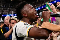 Vinicius Junior celebrates after Real Madrid beat Bayern Munich to reach the 2023/24 Champions League final