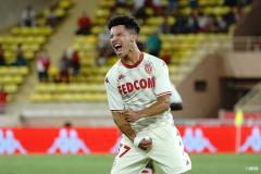 Sofiane Diop celebrates scoring for Monaco in Ligue 1