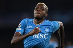 Victor Osimhen celebrates scoring for Napoli against Barcelona in the Champions League