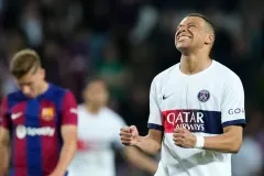 Kylian Mbappe celebrates for PSG against Barcelona in the Champions League, 2023/24