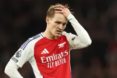 Arsenal's Martin Odegaard reacts during the Champions League semi-final against PSG