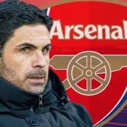 Headshot of Mikel Arteta with the Arsenal badge, against a backdrop of a panorama of the Emirates Stadium in red