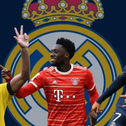 Jude Bellingham, Alphonso Davies and Kylian Mbappe in front of the Real Madrid badge