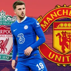 Chelsea's Mason Mount with the Manchester United and Liverpool badges, against a backdrop of Old Trafford in red