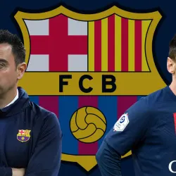 Xavi and Lionel Messi with the Barcelona badge