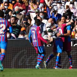 Aubameyang celebrates scoring for Barcelona, 2021/22