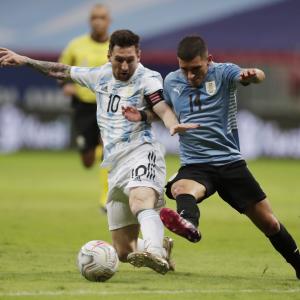Barcelona's Lionel Messi challenges for possession playing for Argentina, Copa America 2021