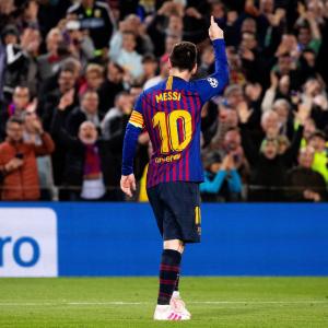 Lionel Messi celebrates scoring a spectacular goal for Barcelona against Liverpool in the Champions League semi-final first leg in 2019 against Liverpool at the Camp Nou.