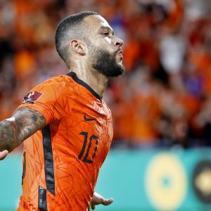 Memphis Depay celebrates in Netherlands' 4-0 World Cup qualifying win over Montenegro
