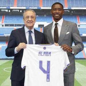 Real Madrid new signing David Alaba with president Florentino Perez