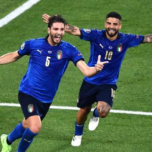Sassuolo midfielder Manuel Locatelli celebrates after scoring for Italy against Switzerland at Euro 2020