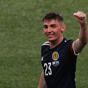 Chelsea's Billy Gilmour celebrates Scotland's 0-0 draw with England at Euro 2020