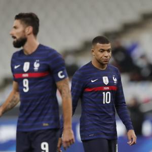 Olivier Giroud and Kylian Mbappe in a Euro 2020 warm-up game, France, 2021