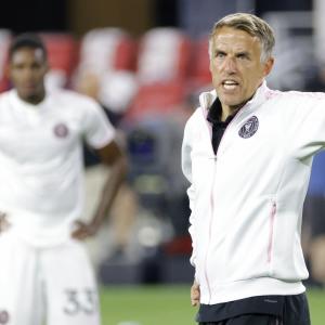 Former Manchester United defender Phil Neville in charge of Inter Miami in an MLS match