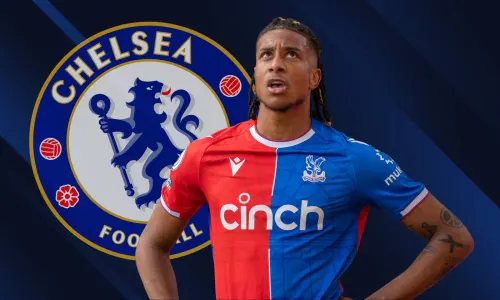 Michael Olise and the Chelsea badge on a dark blue abstract background