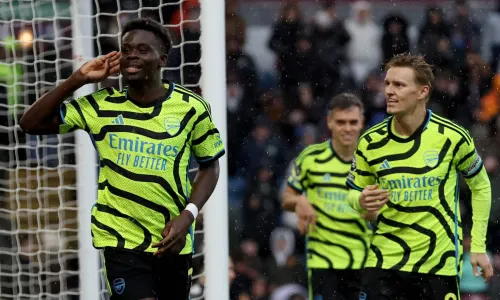 Bukayo Saka celebrates scoring against Burnley for Arsenal in the Premier League
