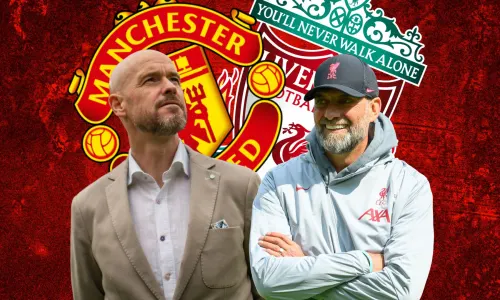 Erik ten Hag and Jurgen Klopp with the Manchester United and Liverpool badges on a red abstract background
