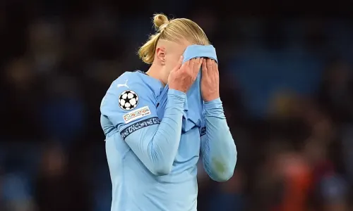 Erling Haaland reacts during Man City's Champions League draw with Feyenoord