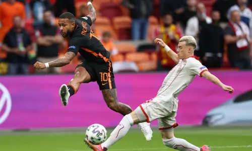 New Barcelona signing Memphis Depay shoots of the Netherlands against North Macedonia at Euro 2020