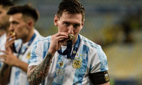 Lionel Messi with 2021 Copa America gold medal