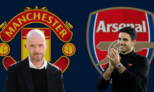 Erik ten Hag and Mikel Arteta in front of the Manchester United and Arsenal badges