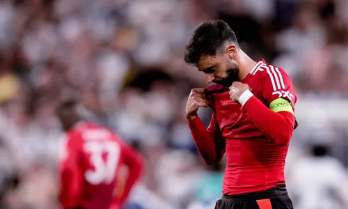 Bruno Fernandes reacts after Man Utd lose the 2024/25 Europa League final to Tottenham