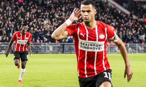 Cody Gakpo celebrates scoring against PEC for PSV in the Eredivisie
