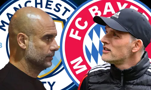 Pep Guardiola and Thomas Tuchel in front of the Manchester City and Bayern Munich badges