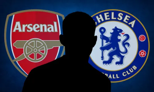 A black silhouette of Kai Havertz in front of the Arsenal and Chelsea badges, set against a blue abstract background