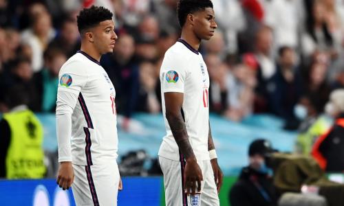 Jadon Sancho and Marcus Rashford prepare to come on for England in the Euro 2020 final against Italy at Wembley