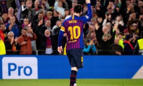Lionel Messi celebrates scoring a spectacular goal for Barcelona against Liverpool in the Champions League semi-final first leg in 2019 against Liverpool at the Camp Nou.