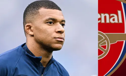 Kylian Mbappe and the Arsenal badge on a red abstract background