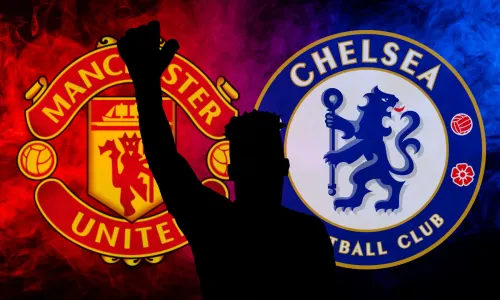 A black silhouette of Andre Onana in front of the Manchester United and Chelsea badges, set against an abstract red and blue background