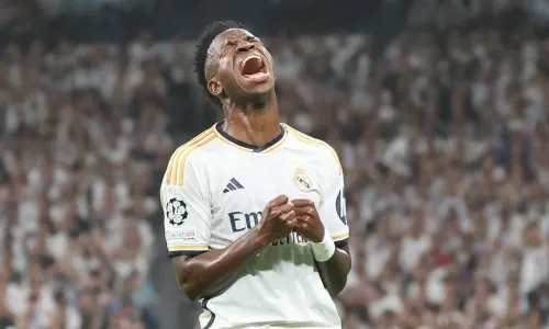 Vinicius Junior celebrates after Real Madrid beat Bayern Munich to reach the 2023/24 Champions League final