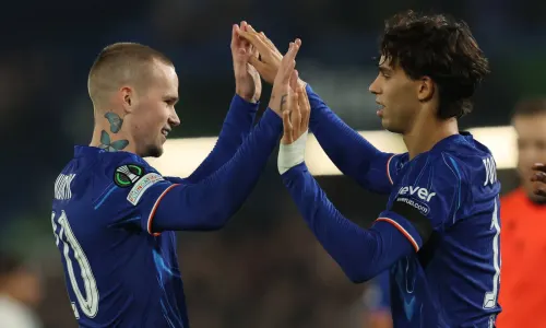 Chelsea's Mykhailo Mudryk and Joao Felix celebrate a Conference League goal against Noah