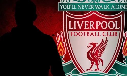 A silhouette of James Ward-Prowse next to the Liverpool badge, set against a red and black abstract background